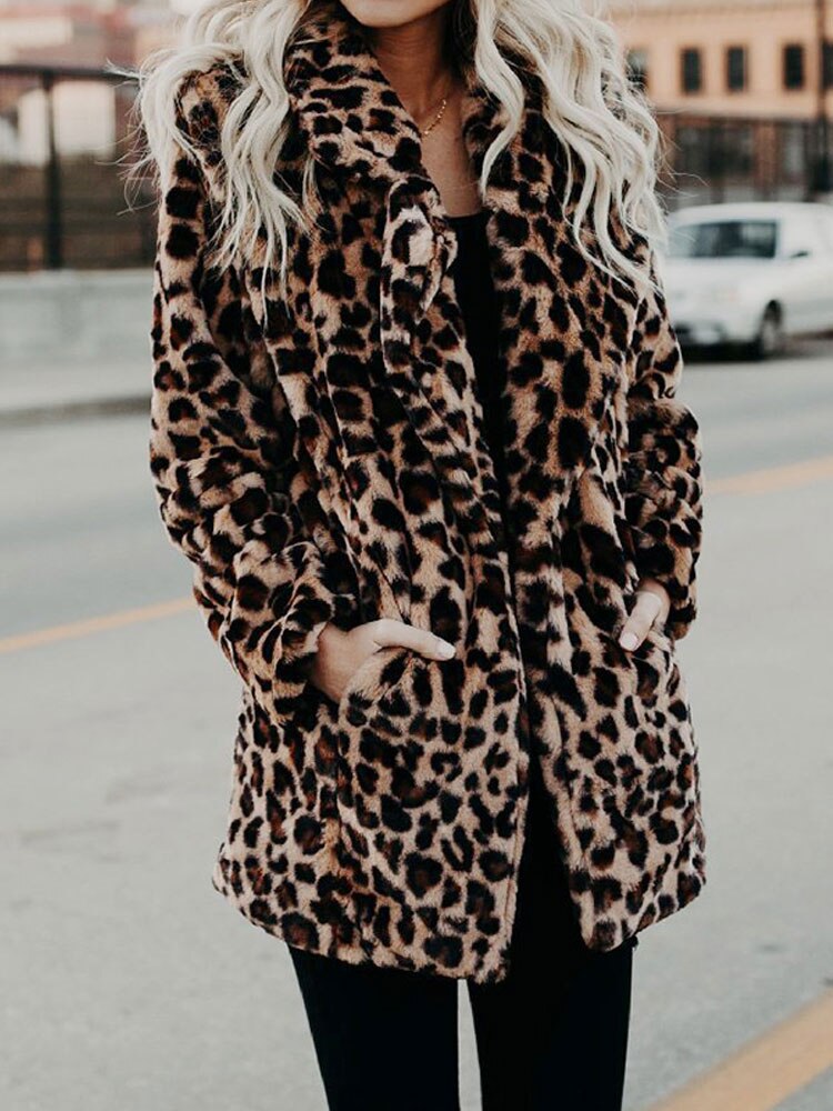 Women's Leopard Print Fleece Jacket Longline Coat Outerwear