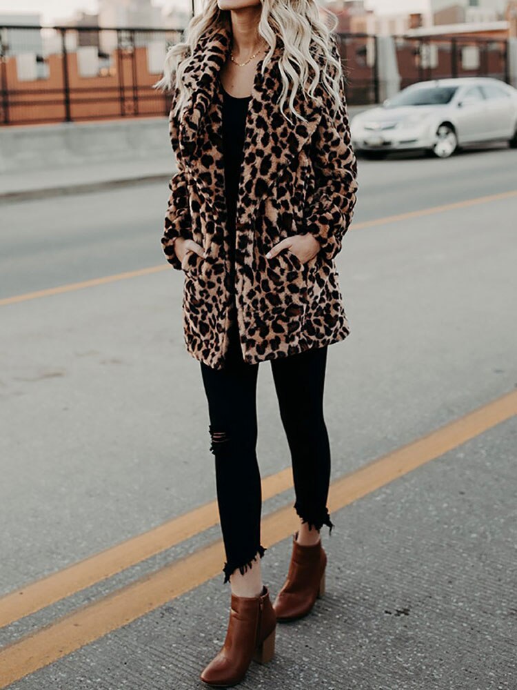 Women's Leopard Print Fleece Jacket Longline Coat Outerwear
