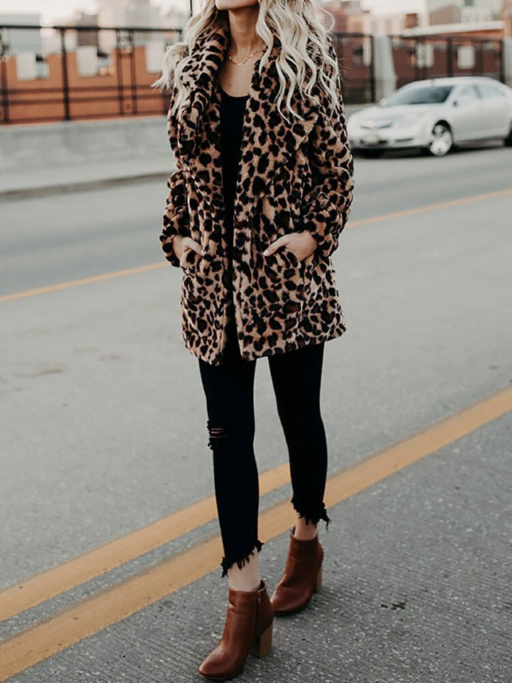 Women's Leopard Print Fleece Jacket Longline Coat Outerwear
