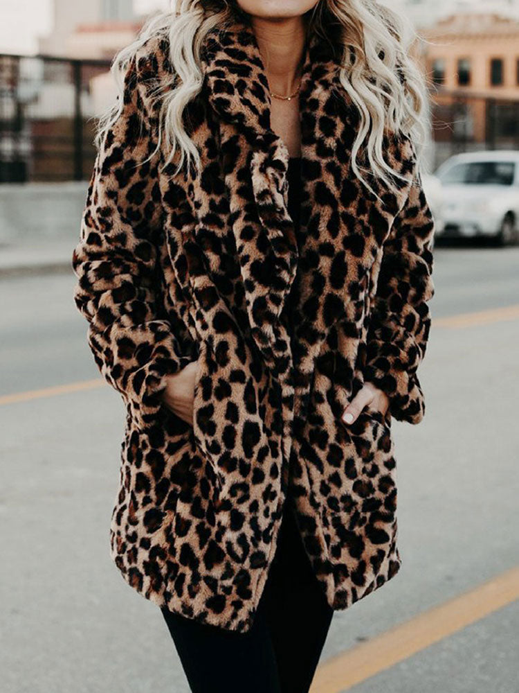 Women's Leopard Print Fleece Jacket Longline Coat Outerwear