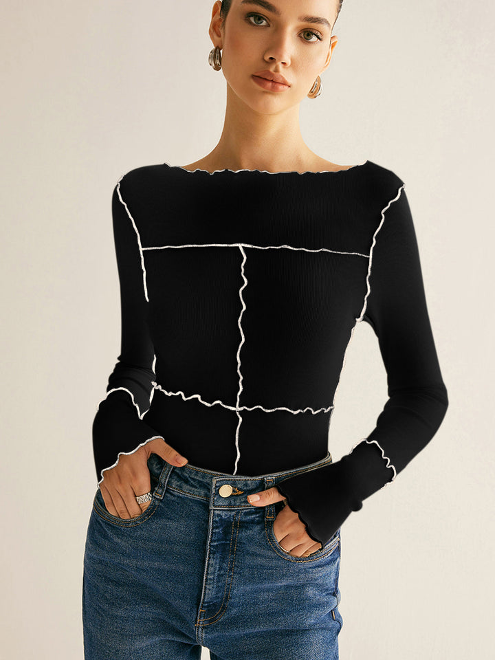 Women's Ribbed Knit Long Sleeve Exposed Seam Top