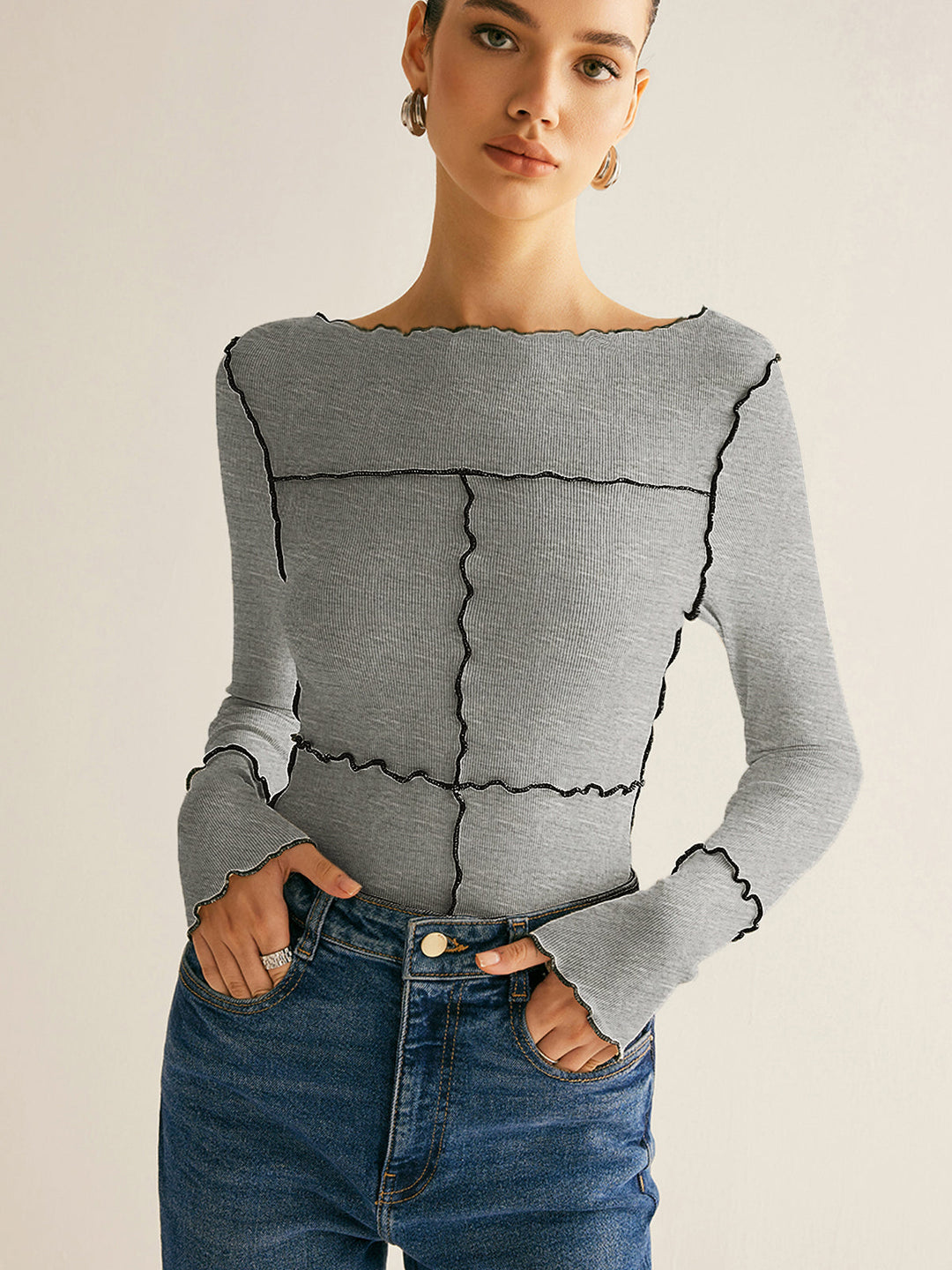 Women's Ribbed Knit Long Sleeve Exposed Seam Top