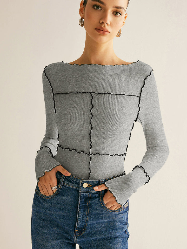 Women's Ribbed Knit Long Sleeve Exposed Seam Top