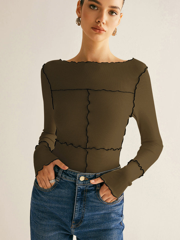 Women's Ribbed Knit Long Sleeve Exposed Seam Top