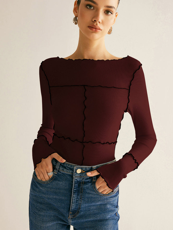 Women's Ribbed Knit Long Sleeve Exposed Seam Top