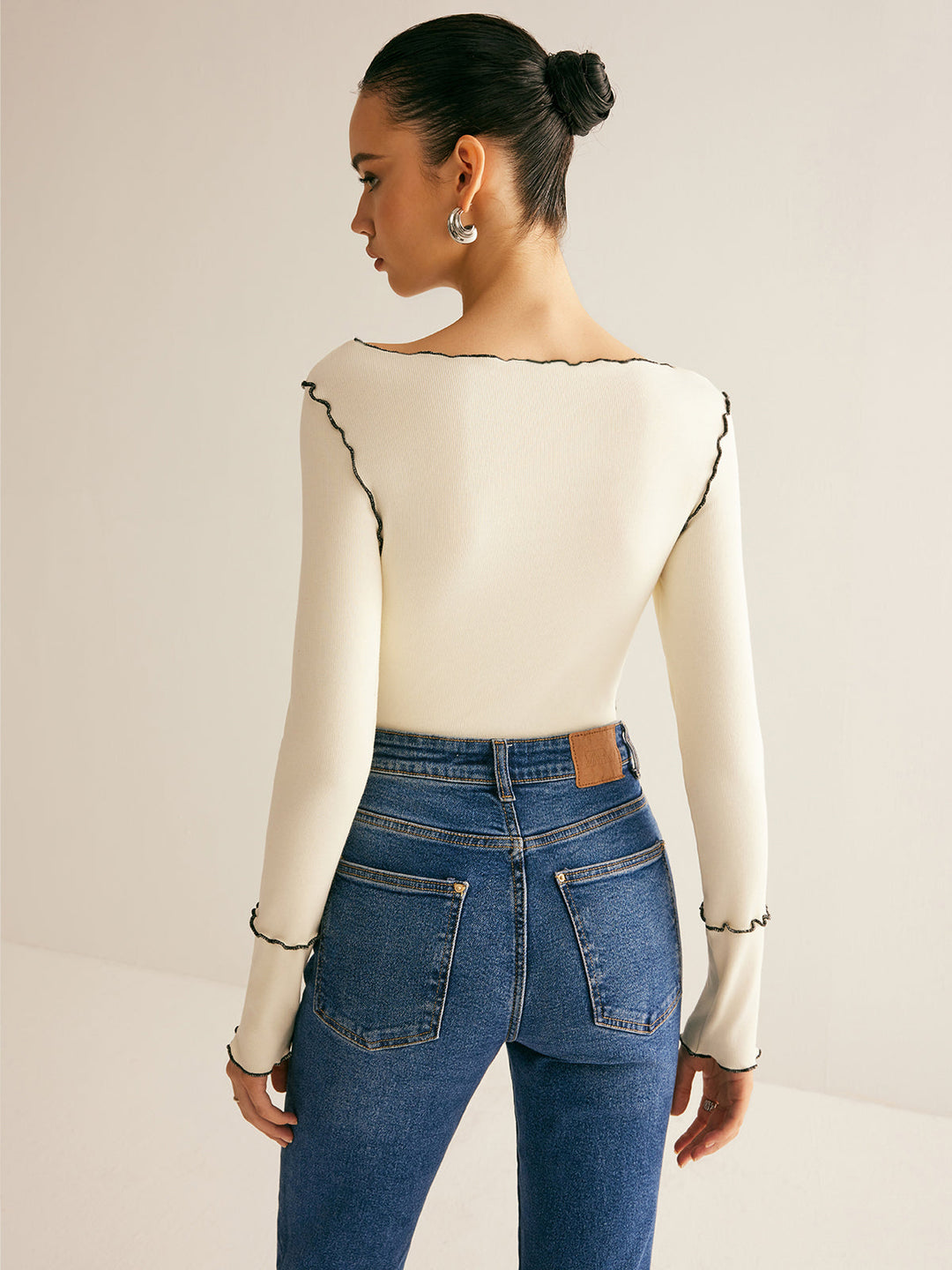 Women's Ribbed Knit Long Sleeve Exposed Seam Top