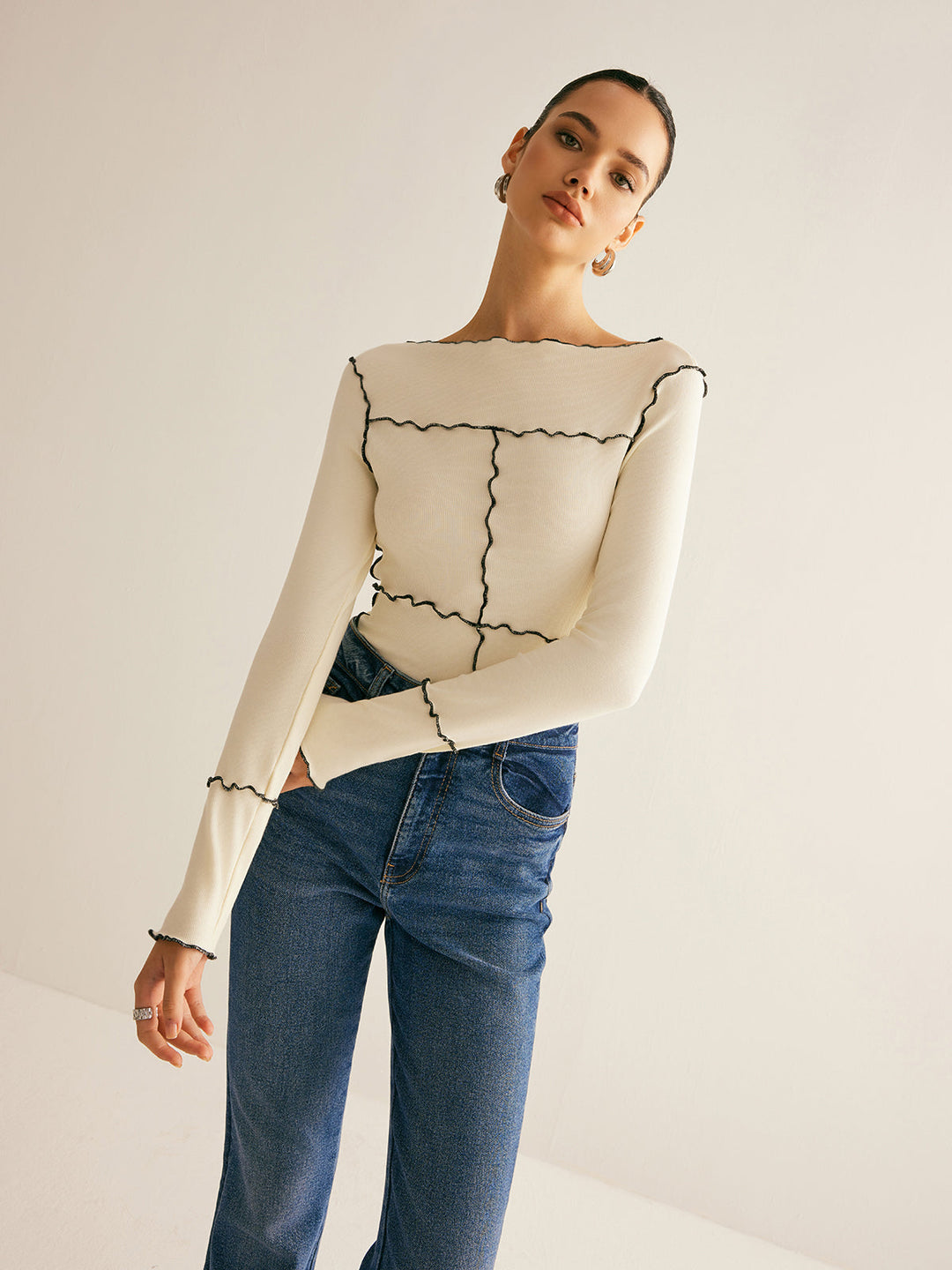 Women's Ribbed Knit Long Sleeve Exposed Seam Top