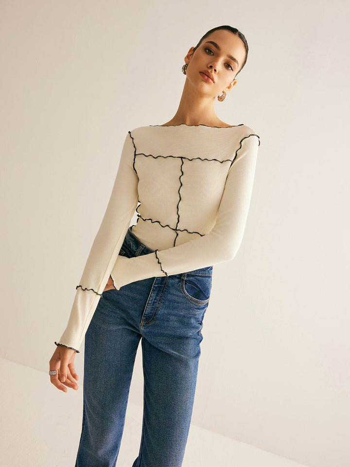 Women's Ribbed Knit Long Sleeve Exposed Seam Top
