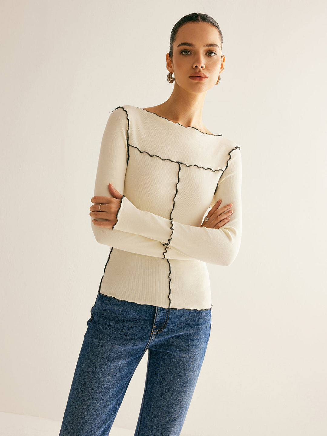 Women's Ribbed Knit Long Sleeve Exposed Seam Top