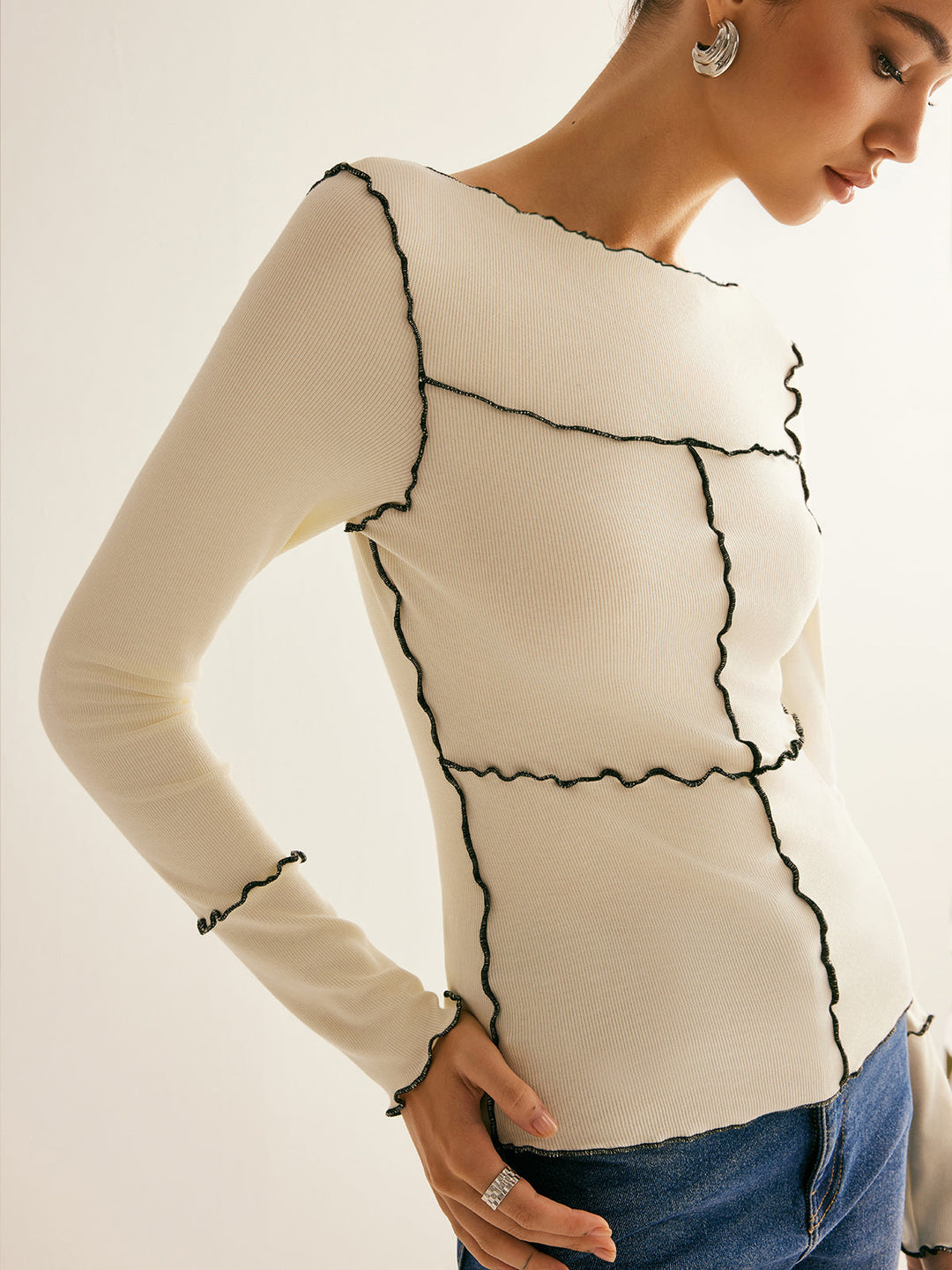 Women's Ribbed Knit Long Sleeve Exposed Seam Top