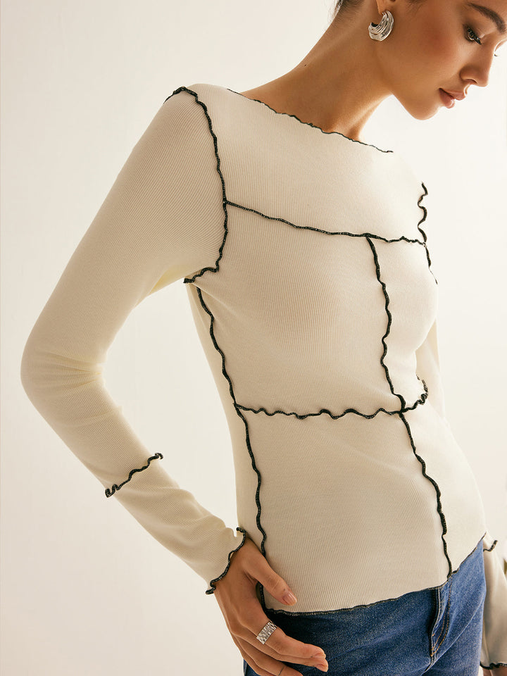 Women's Ribbed Knit Long Sleeve Exposed Seam Top