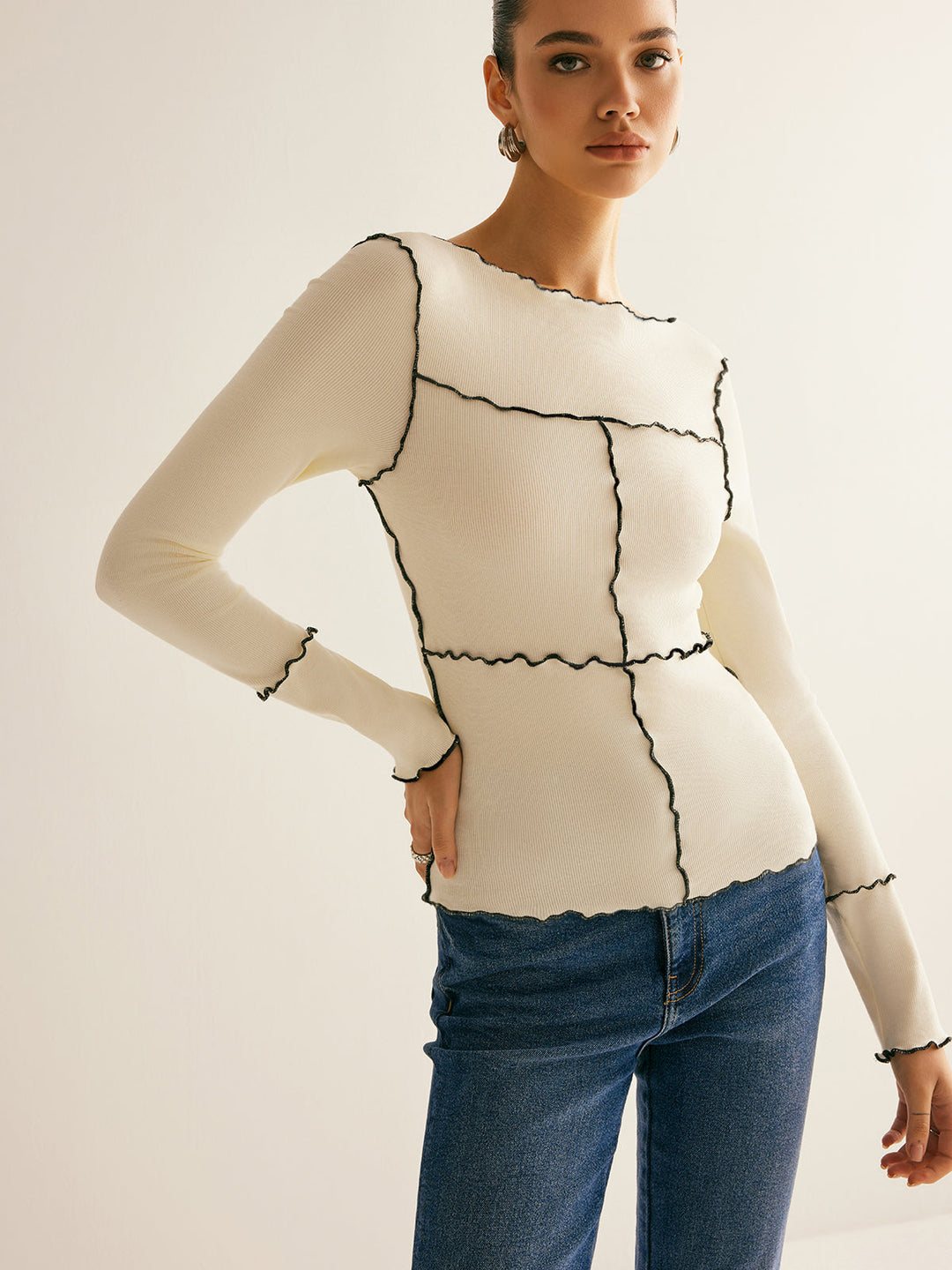 Women's Ribbed Knit Long Sleeve Exposed Seam Top