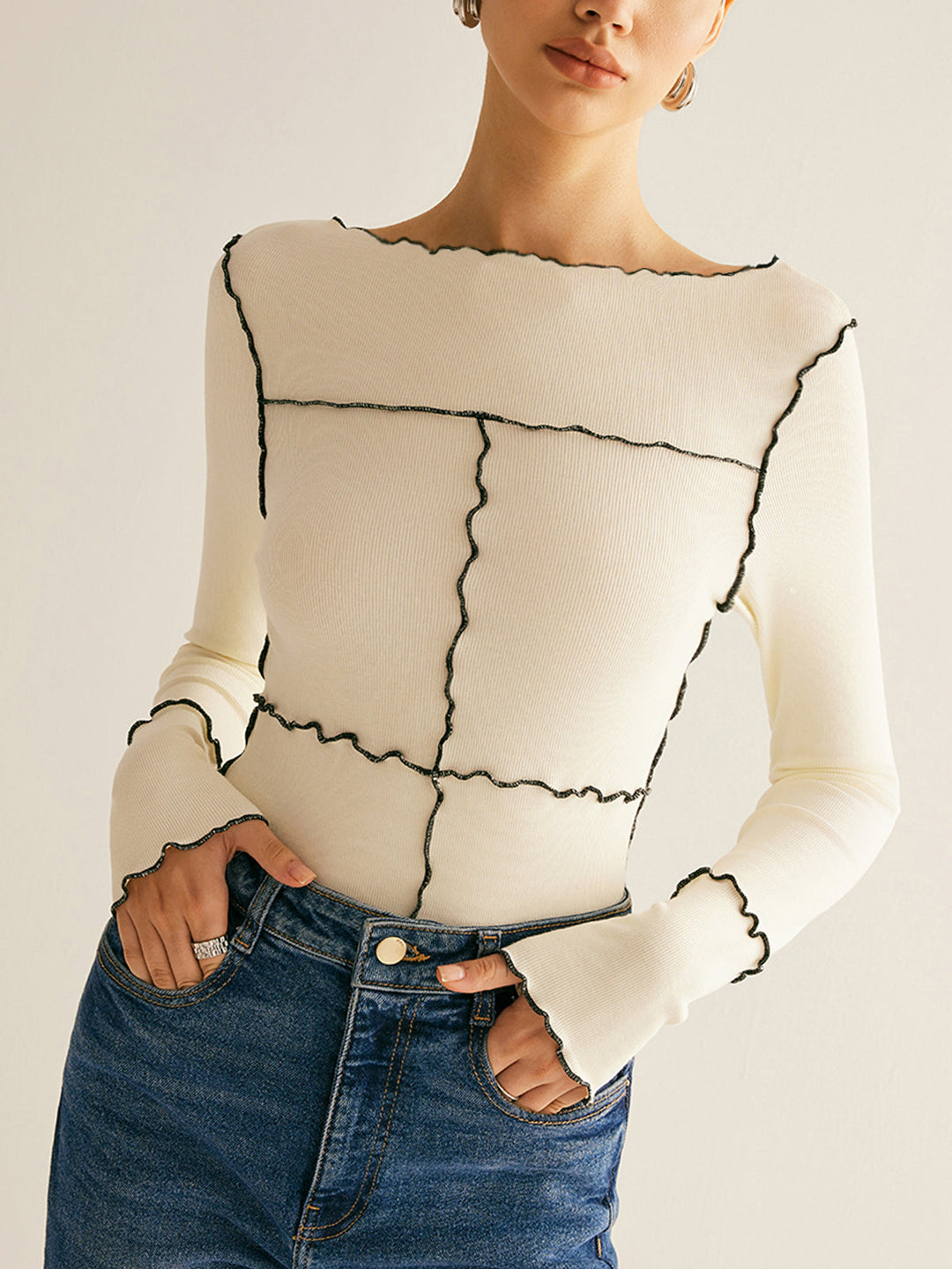 Women's Ribbed Knit Long Sleeve Exposed Seam Top