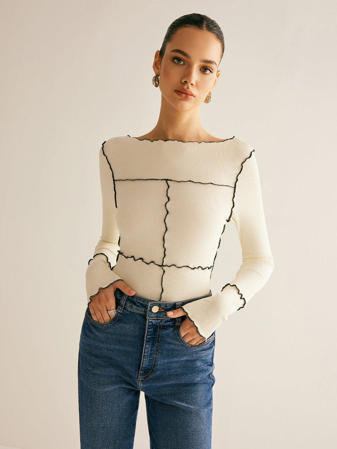 Women's Ribbed Knit Long Sleeve Exposed Seam Top