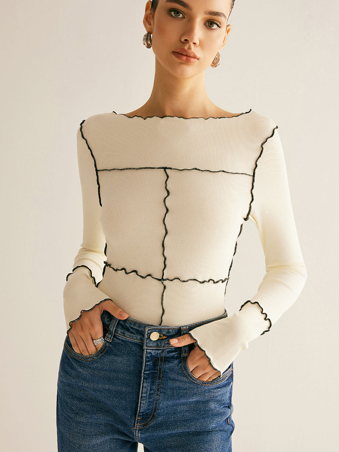 Women's Ribbed Knit Long Sleeve Exposed Seam Top