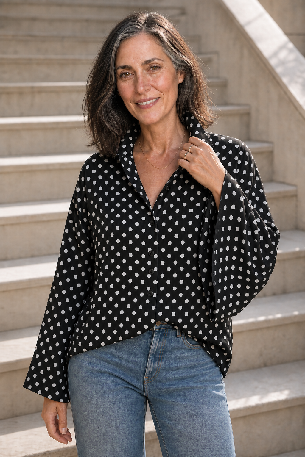 Women's Polka Dot Chiffon Blouse Long Lantern Sleeve Button Shirt