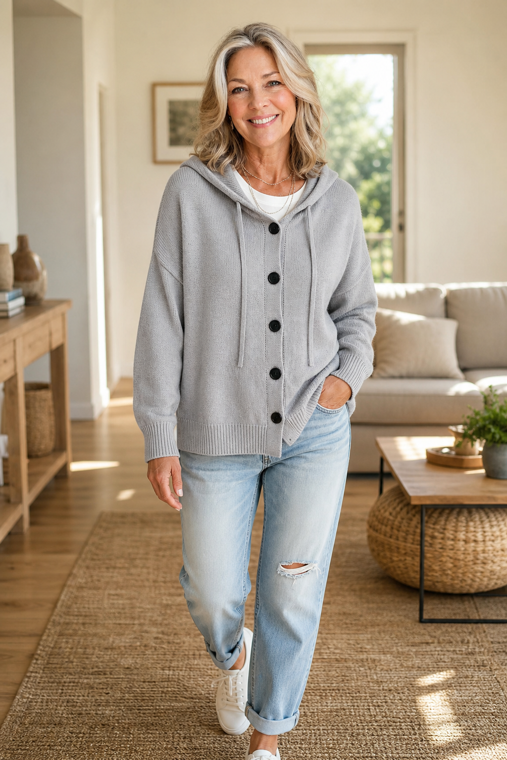 Women's Knit Hooded Cardigan Loose Long Sleeve Sweater Jacket