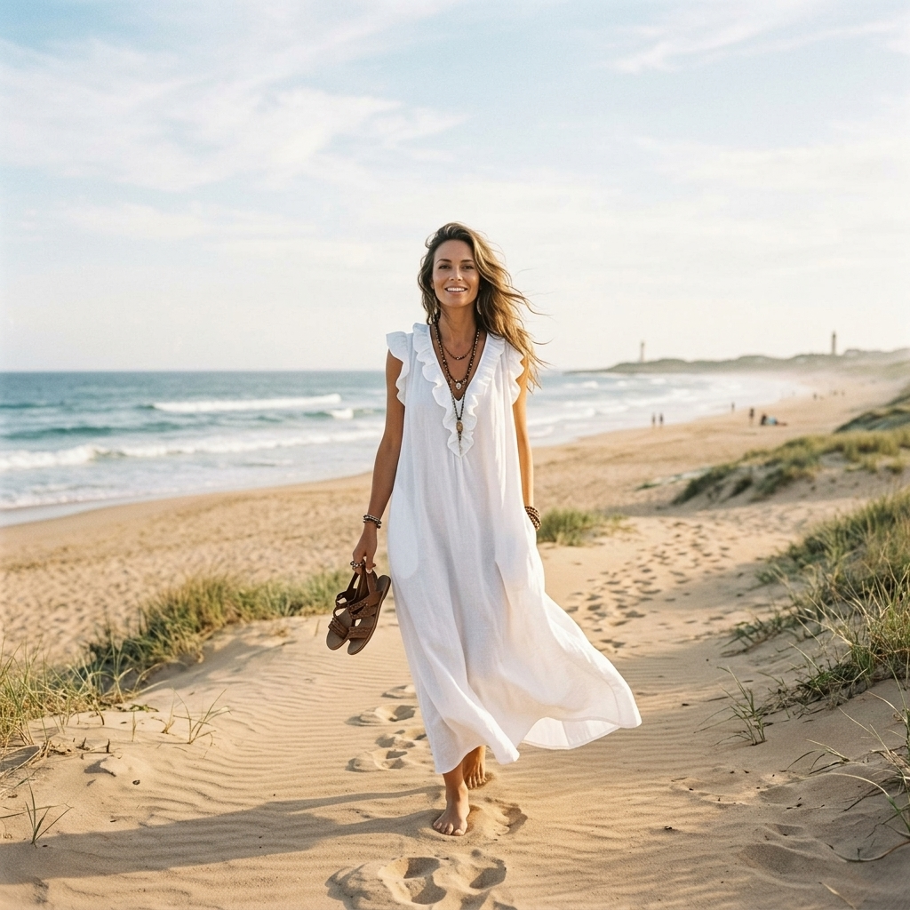 Women's Linen V Neck Ruffle Sleeveless Loose Maxi Dress