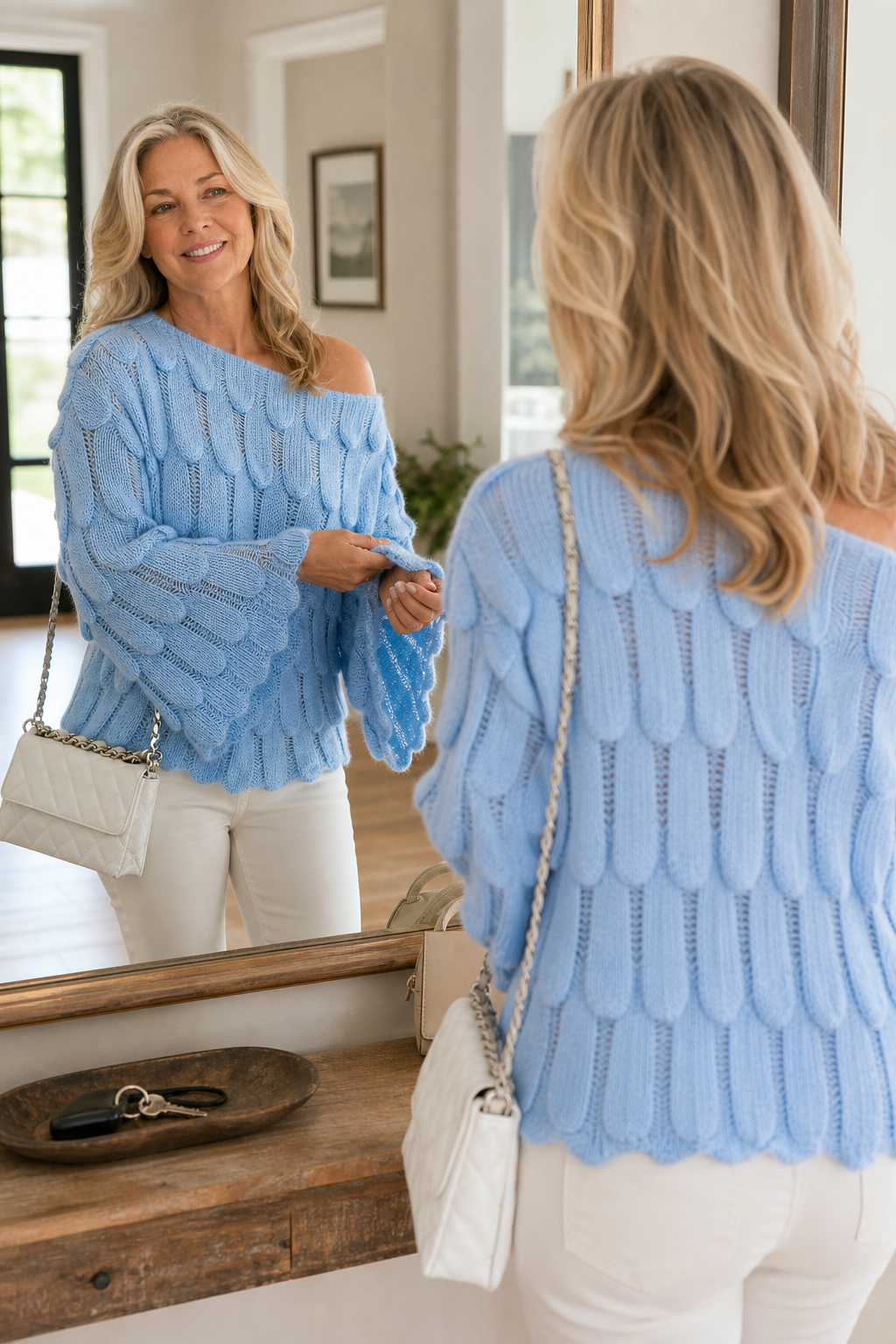 Women's Knit Cable Long Bell Sleeve Crochet Pullover Jumper