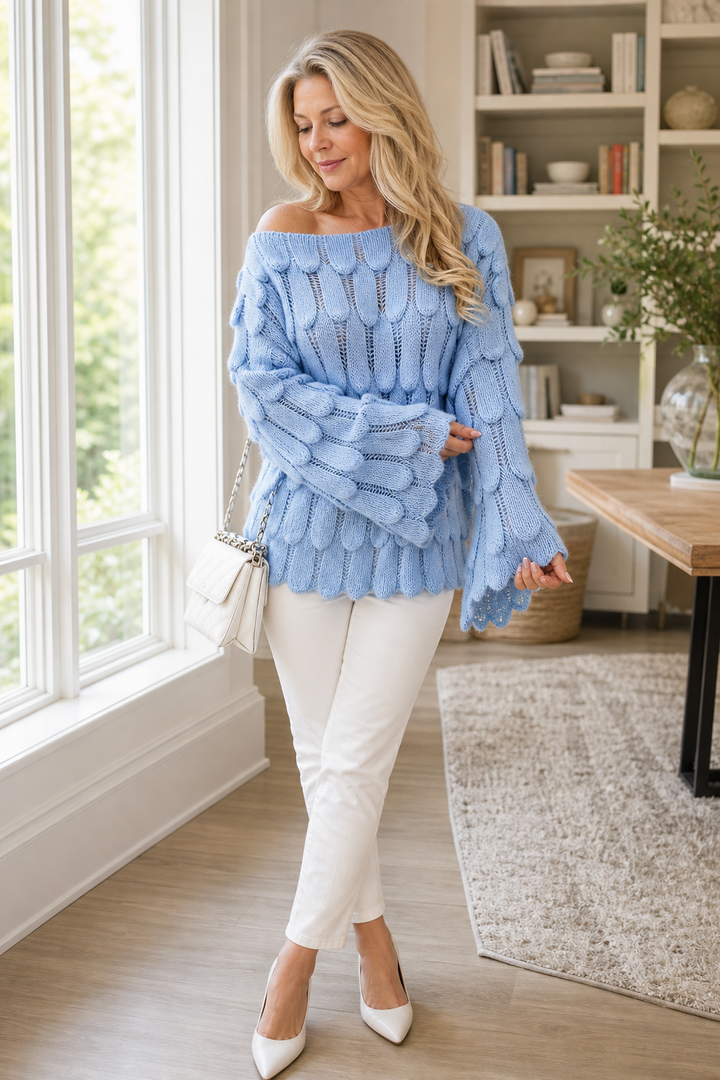 Women's Knit Cable Long Bell Sleeve Crochet Pullover Jumper