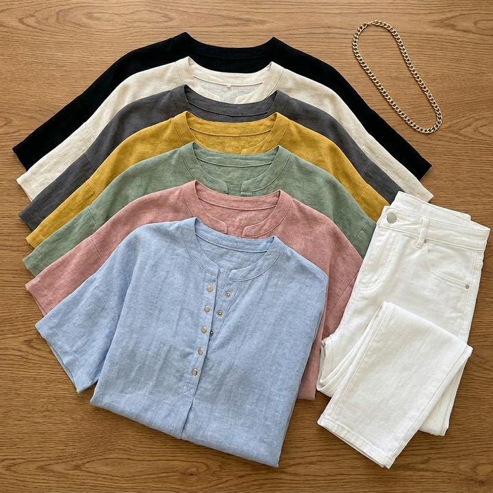 Női lenvászon blúz, rövid ujjú, V-nyakú, laza tunikapóló