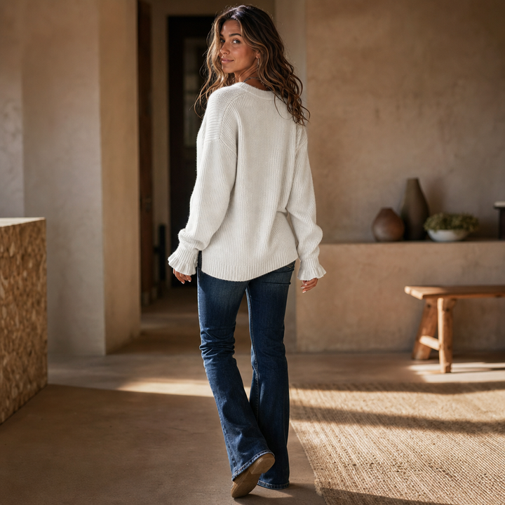 Pull à col V pour femme en maille côtelée