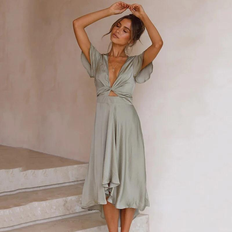 Women's Satin V-Neck A-Line Midi Dress