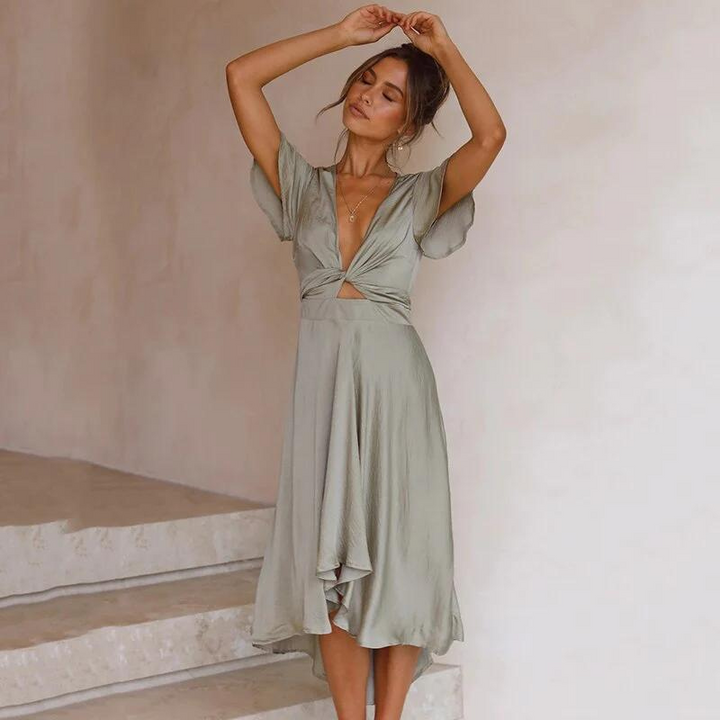 Women's Satin V-Neck A-Line Midi Dress