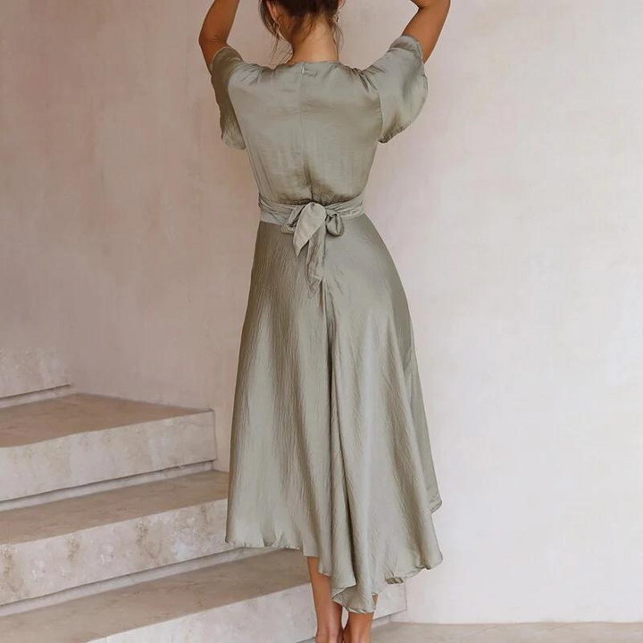 Women's Satin V-Neck A-Line Midi Dress