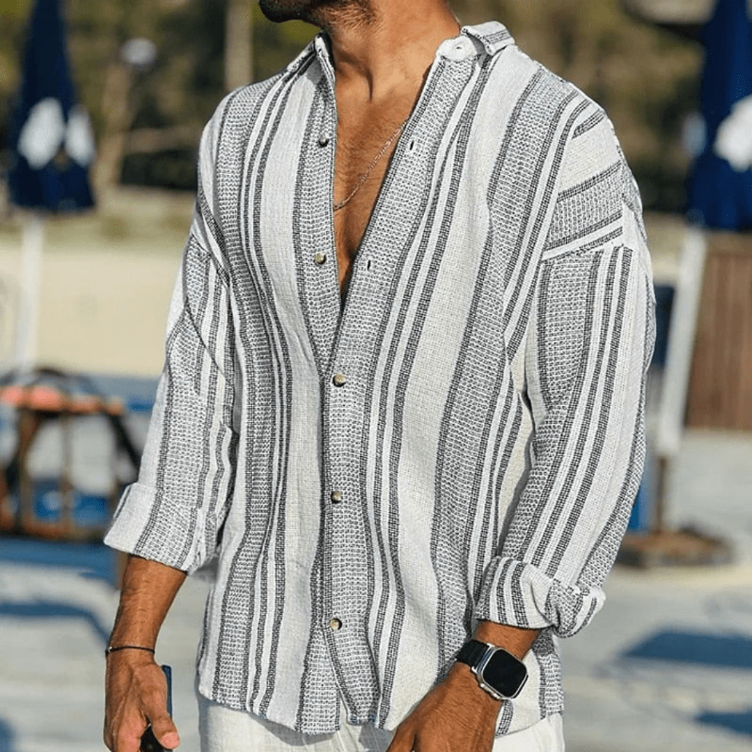 Men's Casual Linen Long Sleeve Striped Shirt Lightweight Top