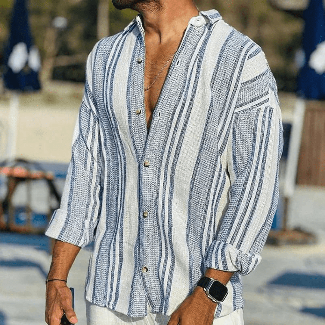 Men's Casual Linen Long Sleeve Striped Shirt Lightweight Top