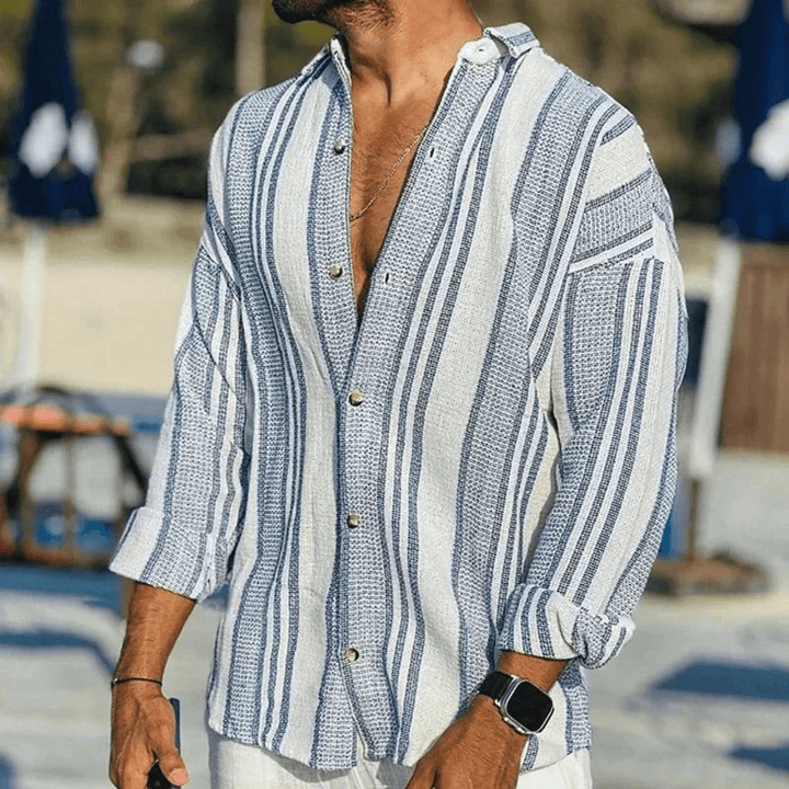 Men's Casual Linen Long Sleeve Striped Shirt Lightweight Top