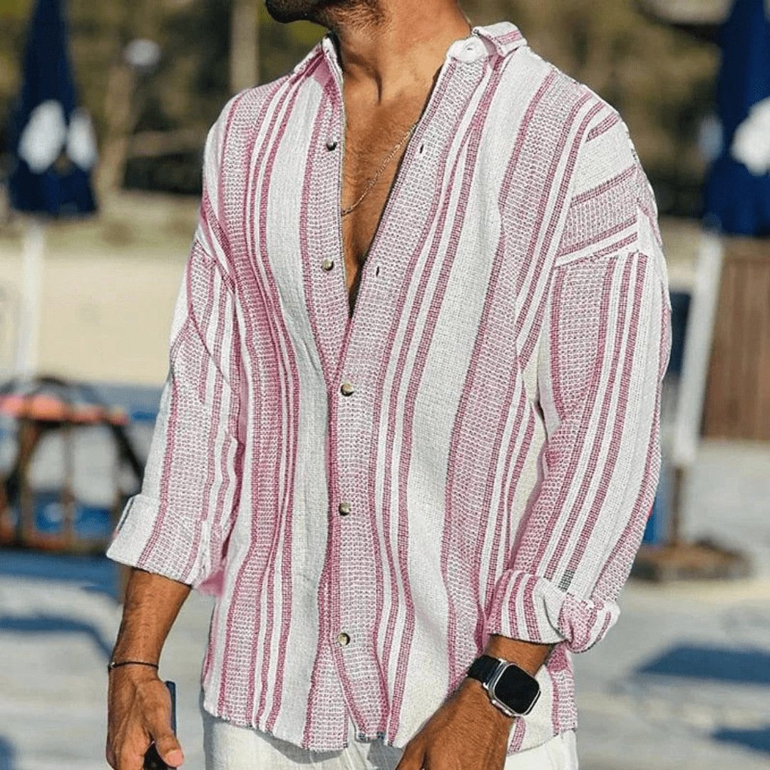 Men's Casual Linen Long Sleeve Striped Shirt Lightweight Top