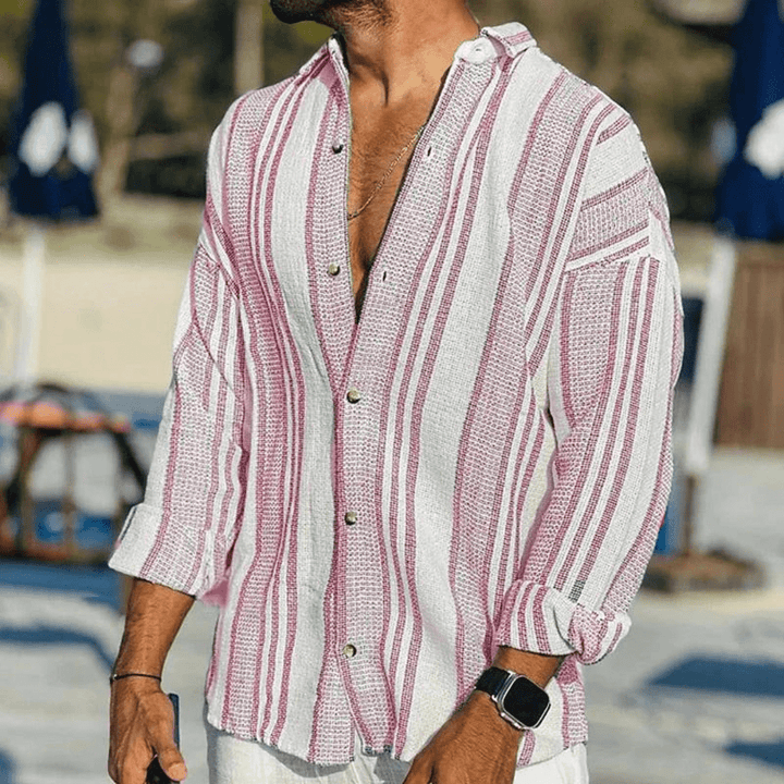 Men's Casual Linen Long Sleeve Striped Shirt Lightweight Top