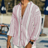 Men's Casual Linen Long Sleeve Striped Shirt Lightweight Top