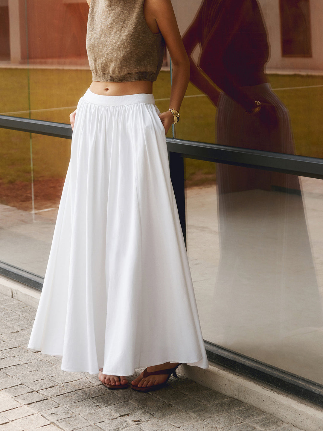 Women's High Waisted Pleated Maxi Skirt Linen A-Line Flared Long Skirt