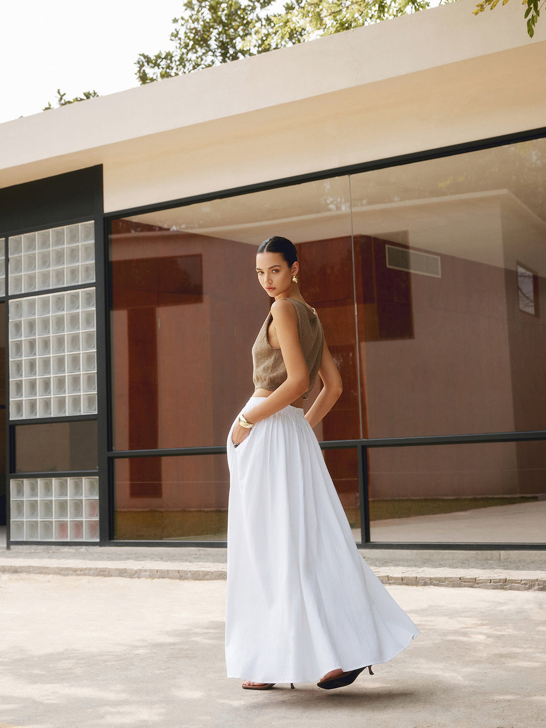 Women's High Waisted Pleated Maxi Skirt Linen A-Line Flared Long Skirt