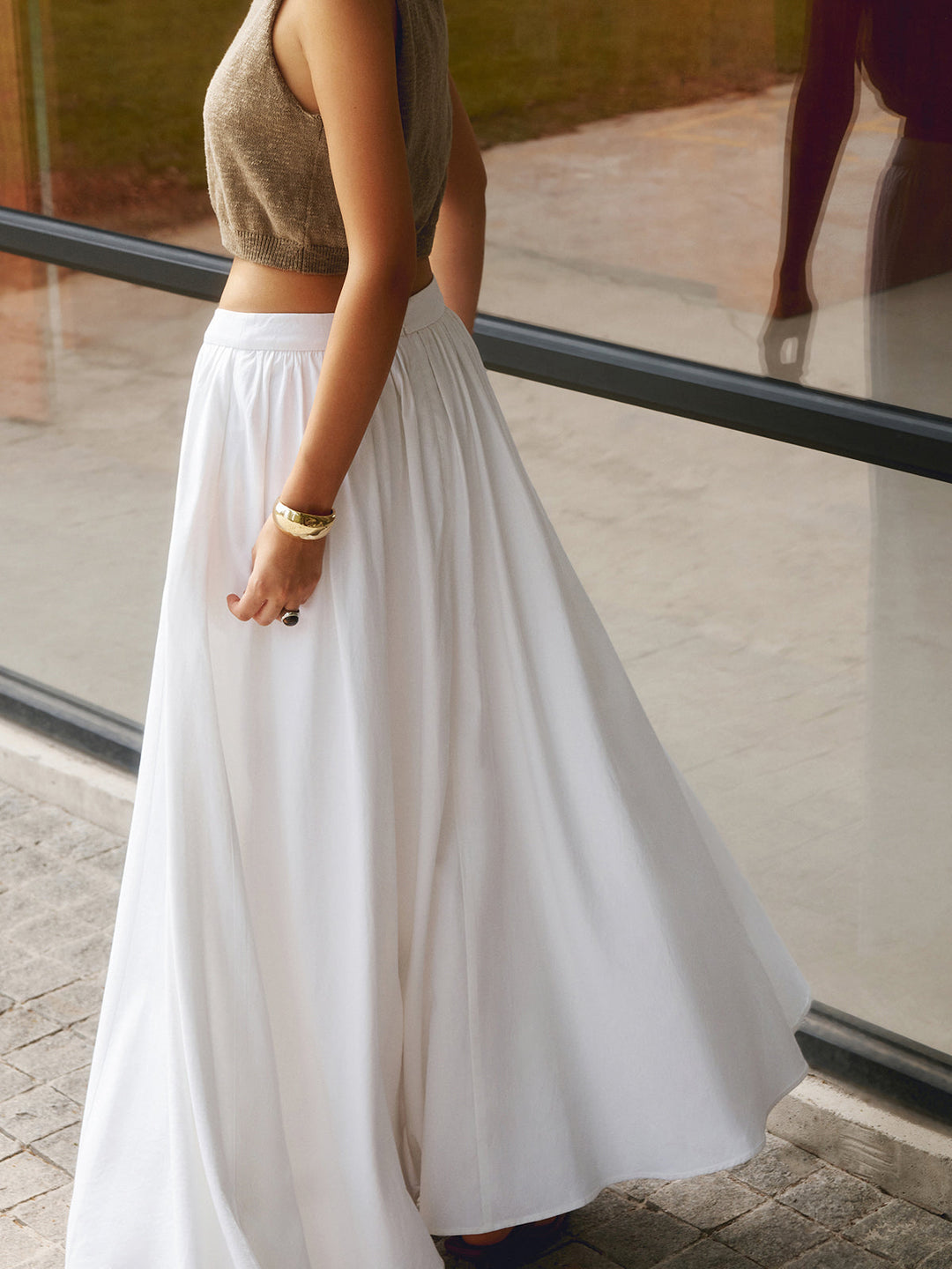 Women's High Waisted Pleated Maxi Skirt Linen A-Line Flared Long Skirt