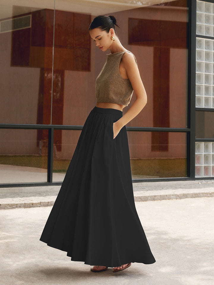 Women's High Waisted Pleated Maxi Skirt Linen A-Line Flared Long Skirt
