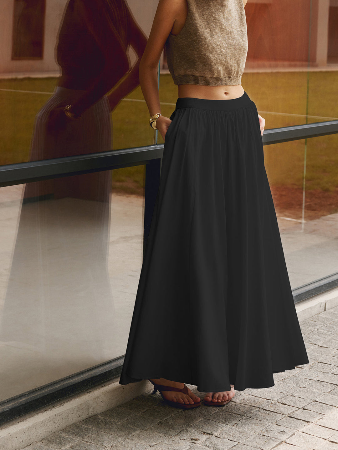 Women's High Waisted Pleated Maxi Skirt Linen A-Line Flared Long Skirt