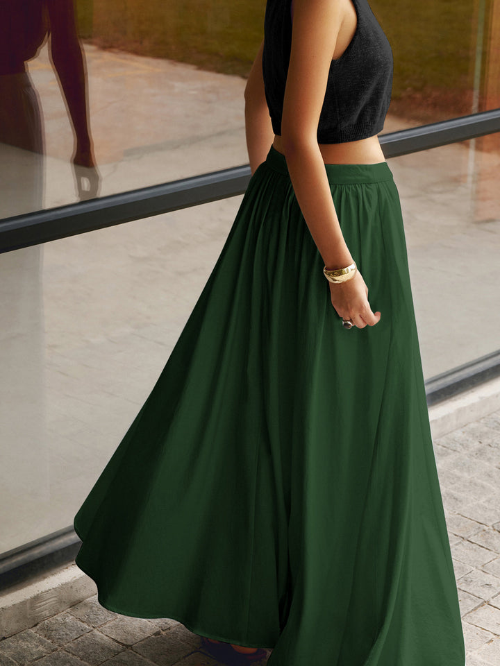 Women's High Waisted Pleated Maxi Skirt Linen A-Line Flared Long Skirt