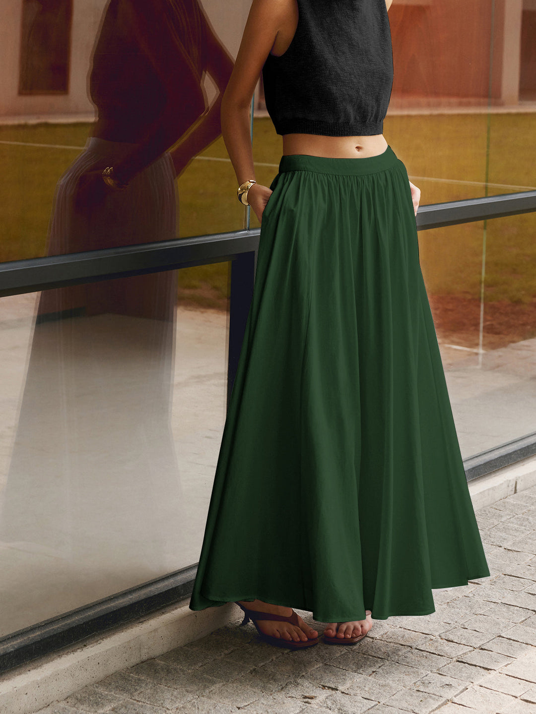 Women's High Waisted Pleated Maxi Skirt Linen A-Line Flared Long Skirt