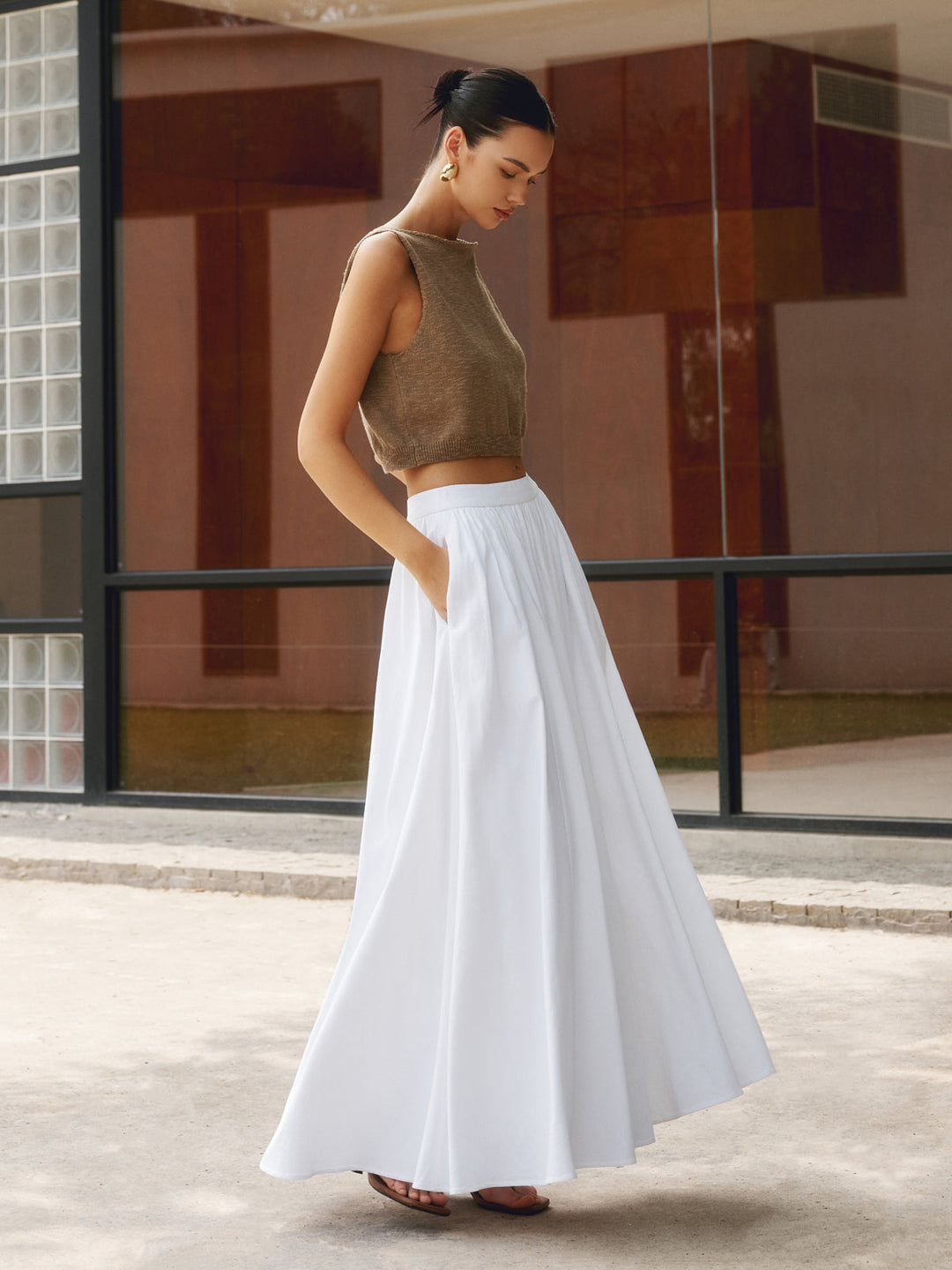 Women's High Waisted Pleated Maxi Skirt Linen A-Line Flared Long Skirt