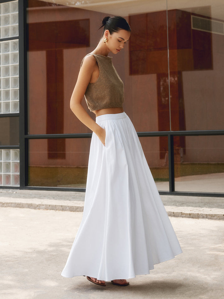 Women's High Waisted Pleated Maxi Skirt Linen A-Line Flared Long Skirt