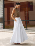 Women's High Waisted Pleated Maxi Skirt Linen A-Line Flared Long Skirt
