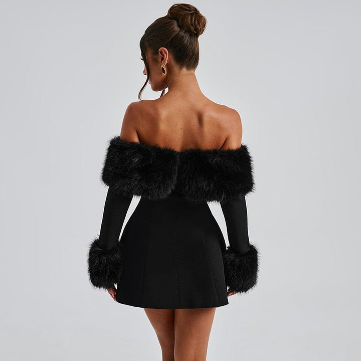 Women's Velvet Off-Shoulder Fur Mini Dress