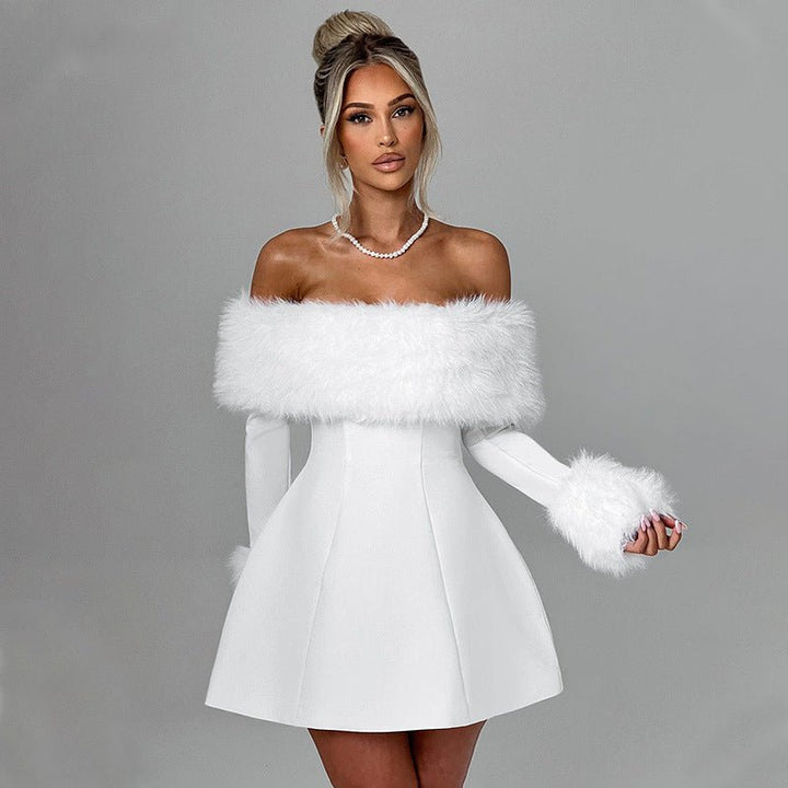 Women's Velvet Off-Shoulder Fur Mini Dress