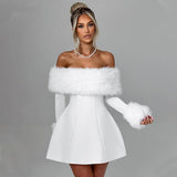 Women's Velvet Off-Shoulder Fur Mini Dress