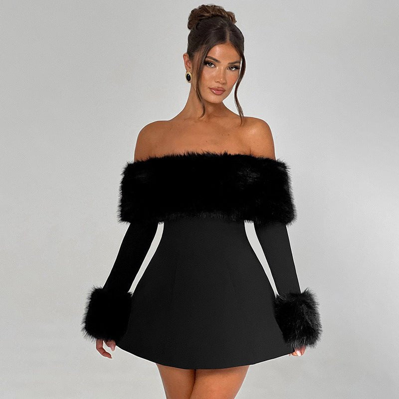 Women's Velvet Off-Shoulder Fur Mini Dress