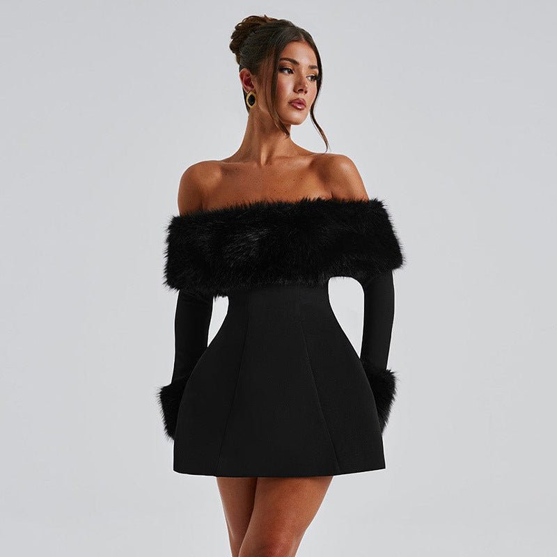 Women's Velvet Off-Shoulder Fur Mini Dress
